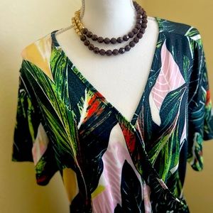 INC Ladies cross frill dress. Tropical/ garden theme. Elastic waist midi